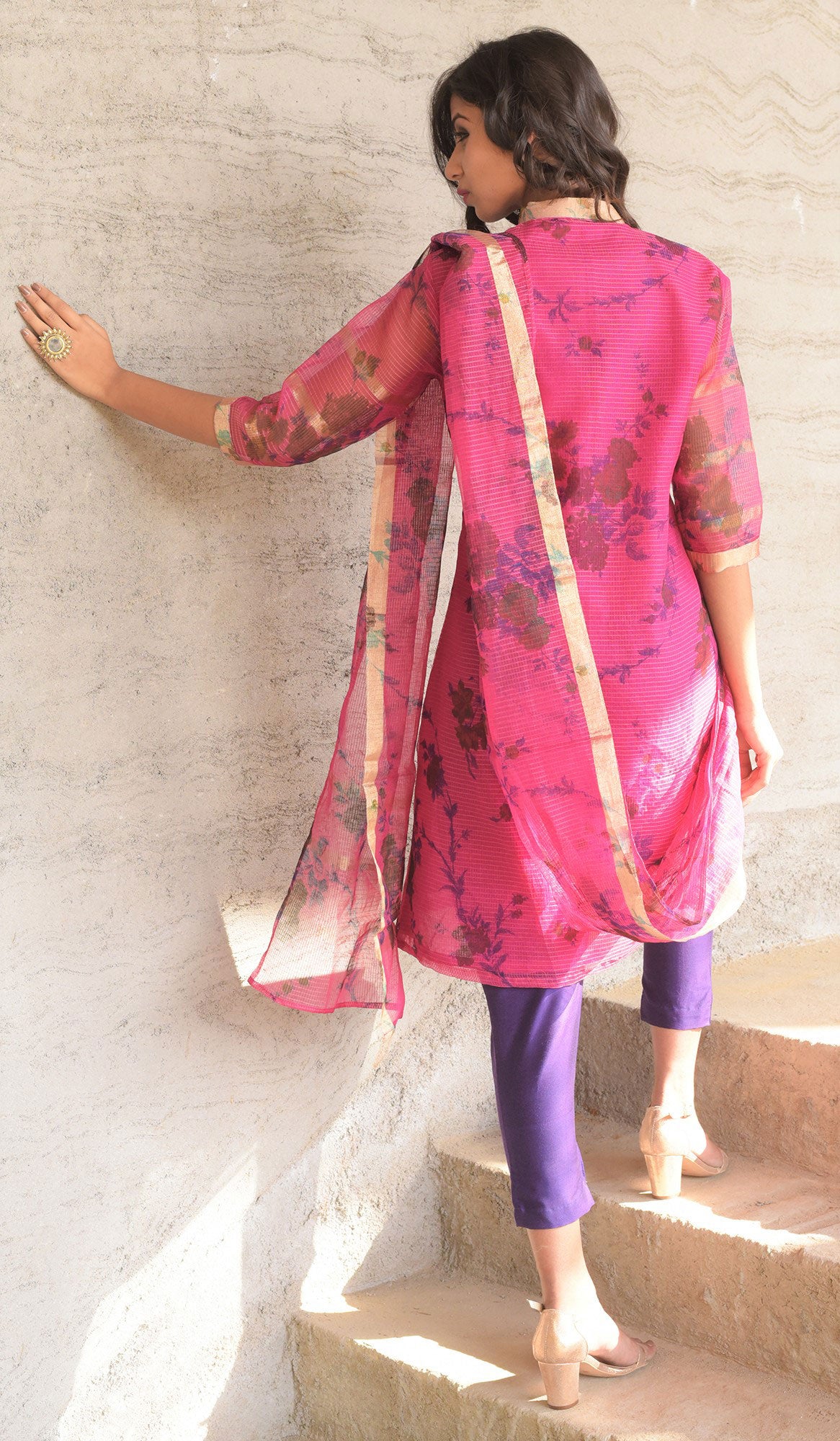 FUSCIA PREDRAPE KURTA SET