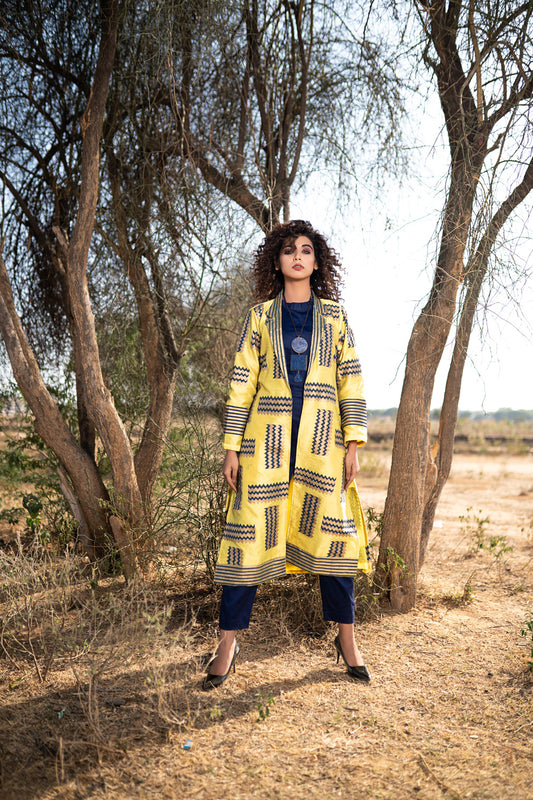 GREEN YELLOW SILK HAND BLOCKED JACKET