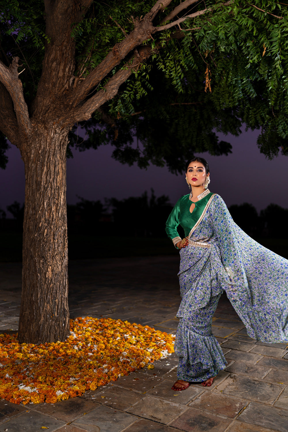 GREY GREEN RUFFLE SAREE