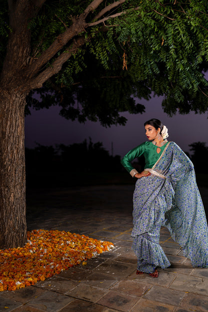 GREY GREEN RUFFLE SAREE