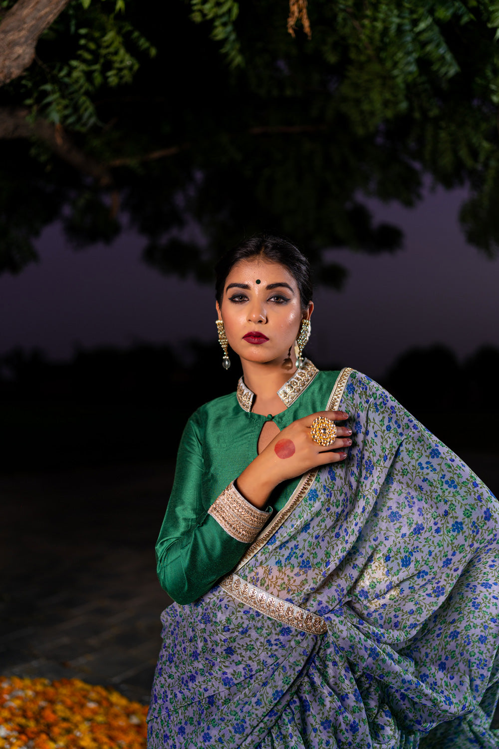 GREY GREEN RUFFLE SAREE