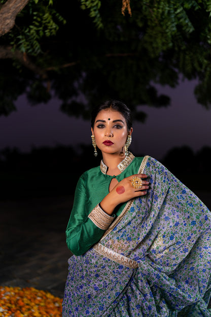 GREY GREEN RUFFLE SAREE