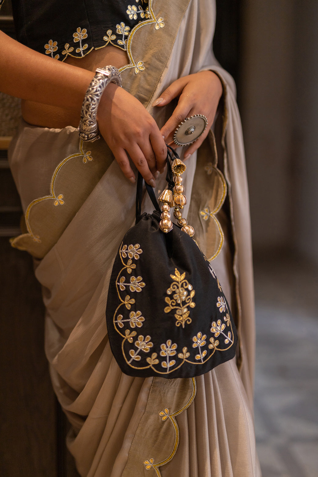 CHAMPAGNE BEIGE GOTAPATTI SAREE SET