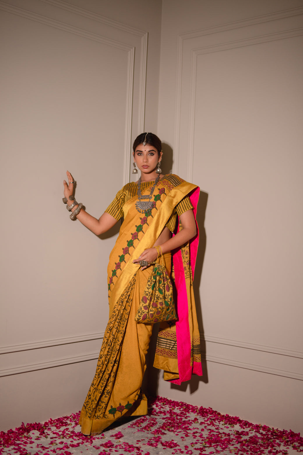 MUSTARD HAND BLOCKED SAREE SET