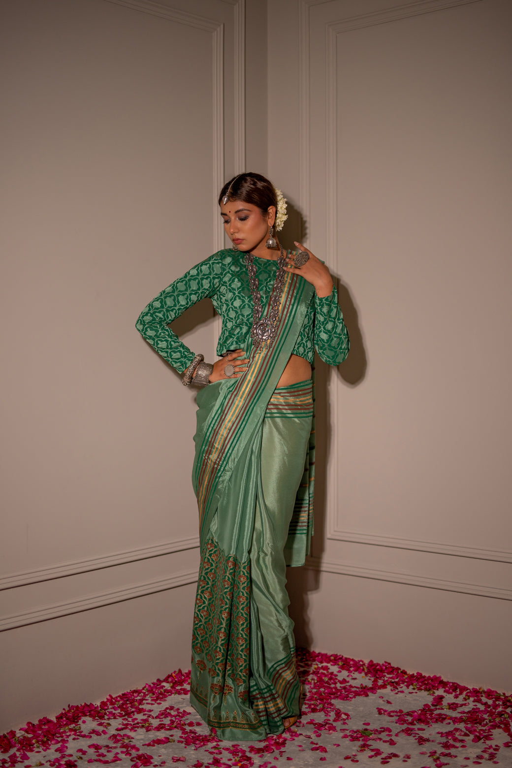 PASTEL GREEN HAND BLOCKED SAREE SET