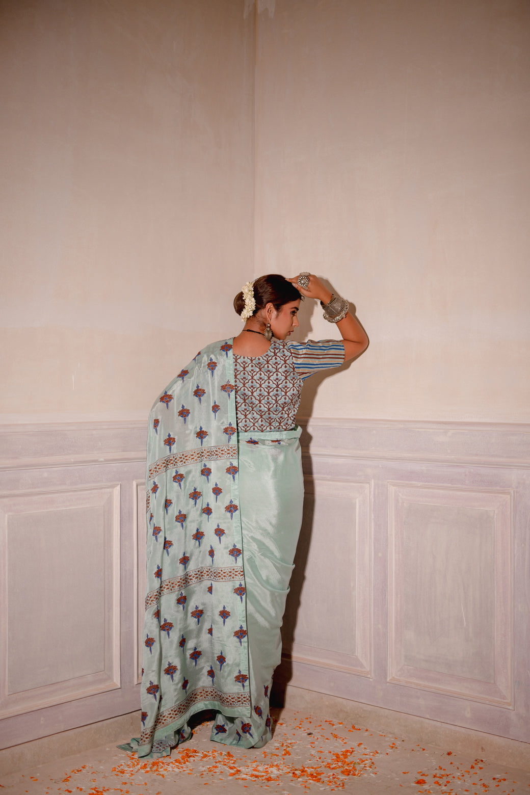 PASTEL BLUE HAND BLOCKED SAREE SET