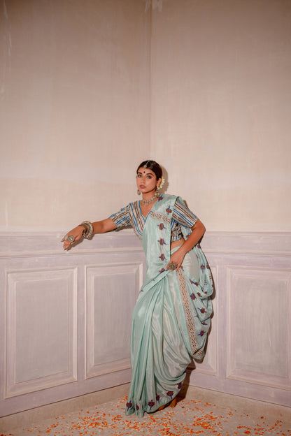 PASTEL BLUE HAND BLOCKED SAREE SET