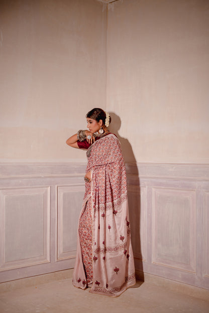 BLUSH PINK HAND BLOCKED SAREE SET