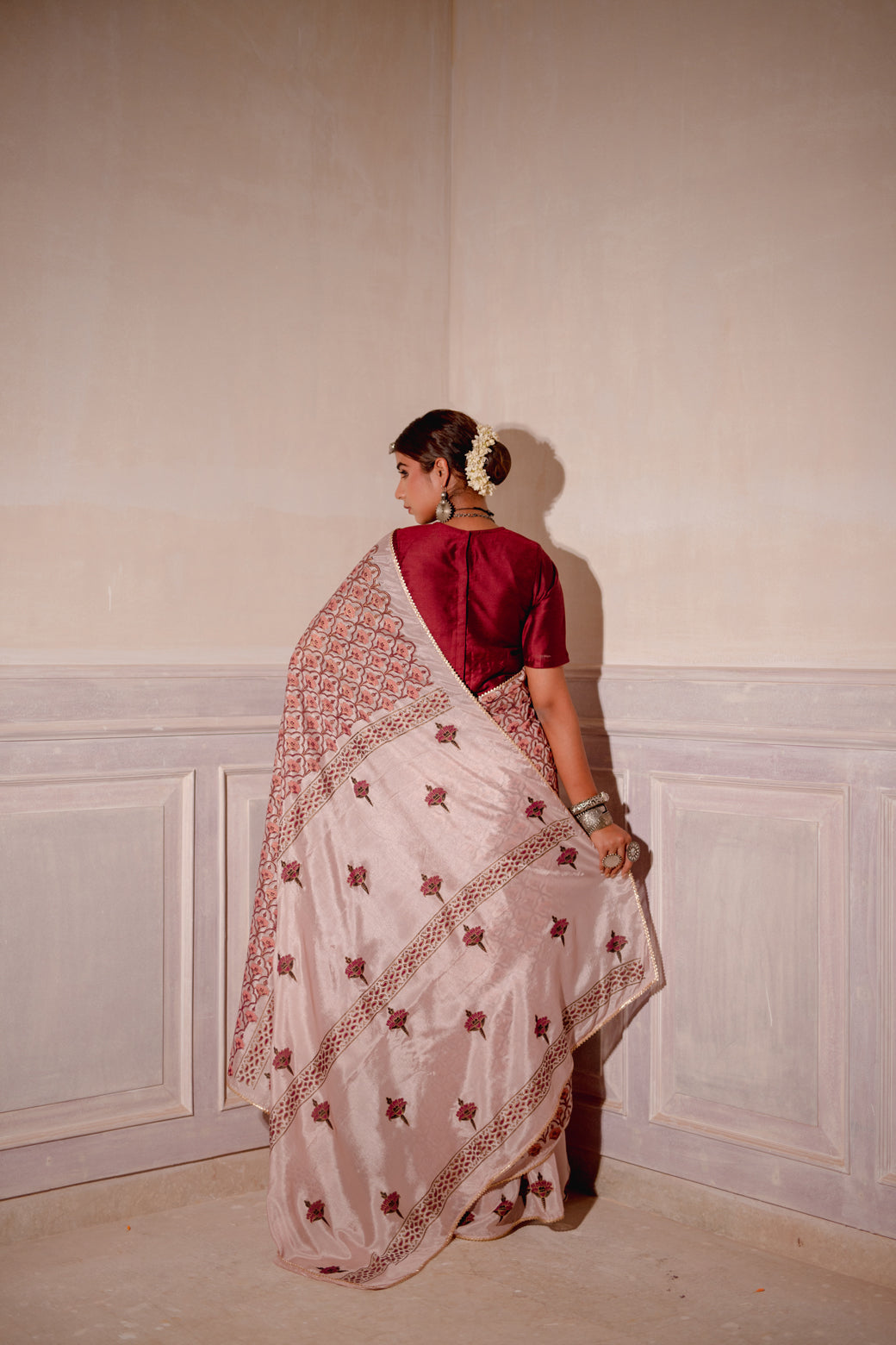 BLUSH PINK HAND BLOCKED SAREE SET