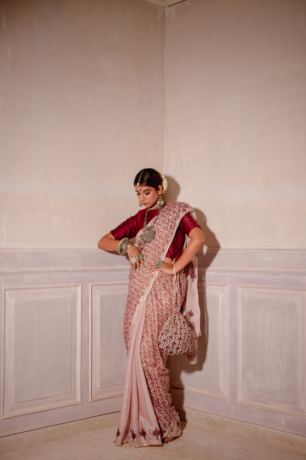 BLUSH PINK HAND BLOCKED SAREE SET