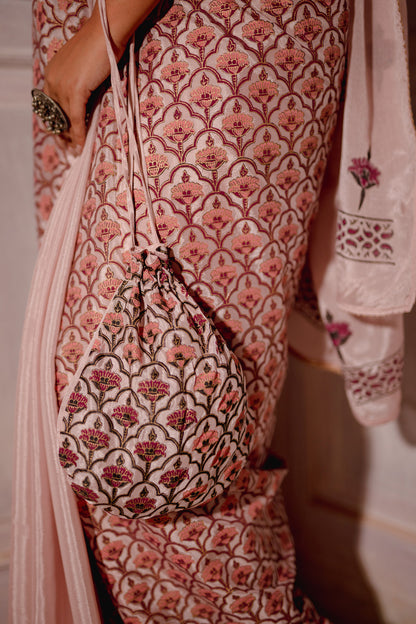 BLUSH PINK HAND BLOCKED SAREE SET