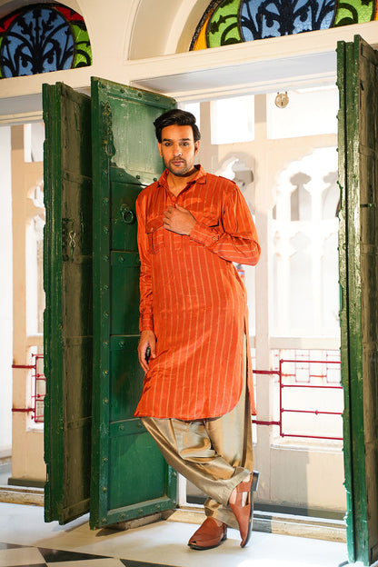 RUST STRIPED MEN'S PATHANI SET