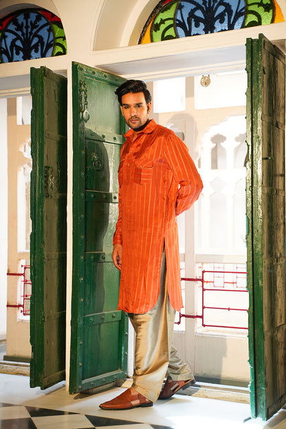 RUST STRIPED MEN'S PATHANI SET