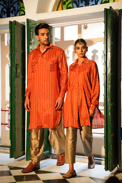RUST STRIPED COUPLE PATHANI SET