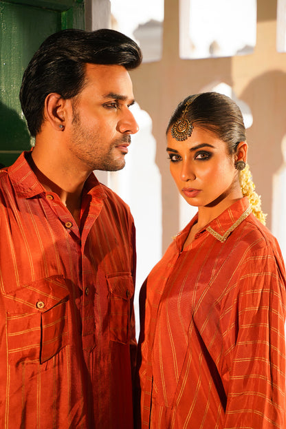 RUST STRIPED COUPLE PATHANI SET