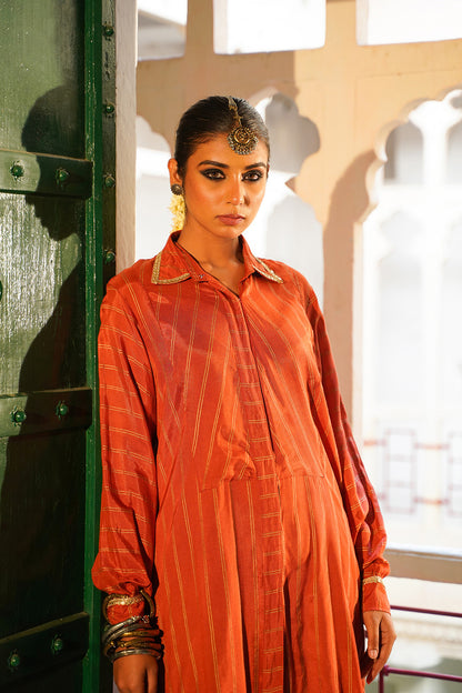 RUST STRIPED WOMEN'S PATHANI SET