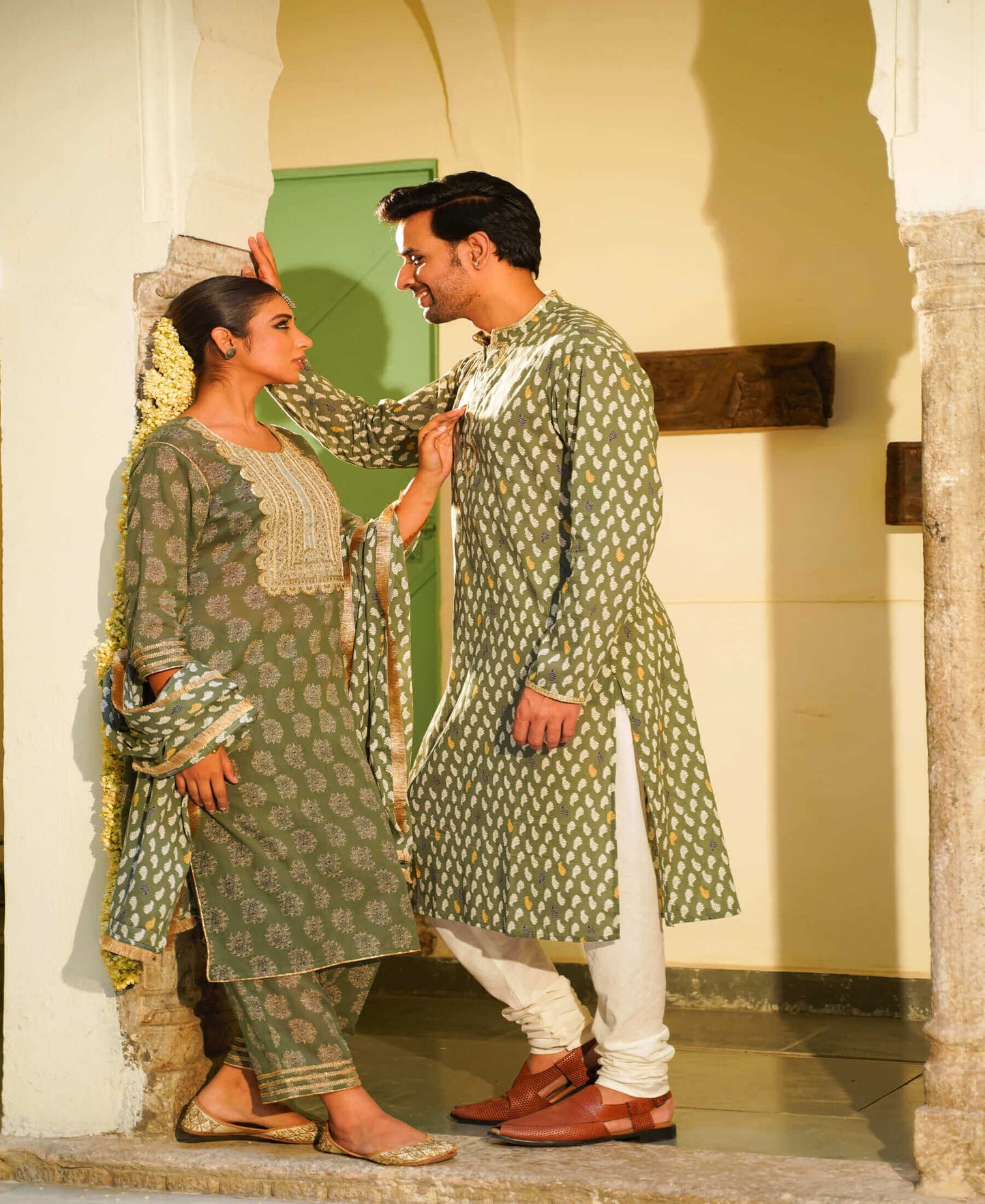 GREEN COTTON MEN KURTA & WOMEN SUIT SET