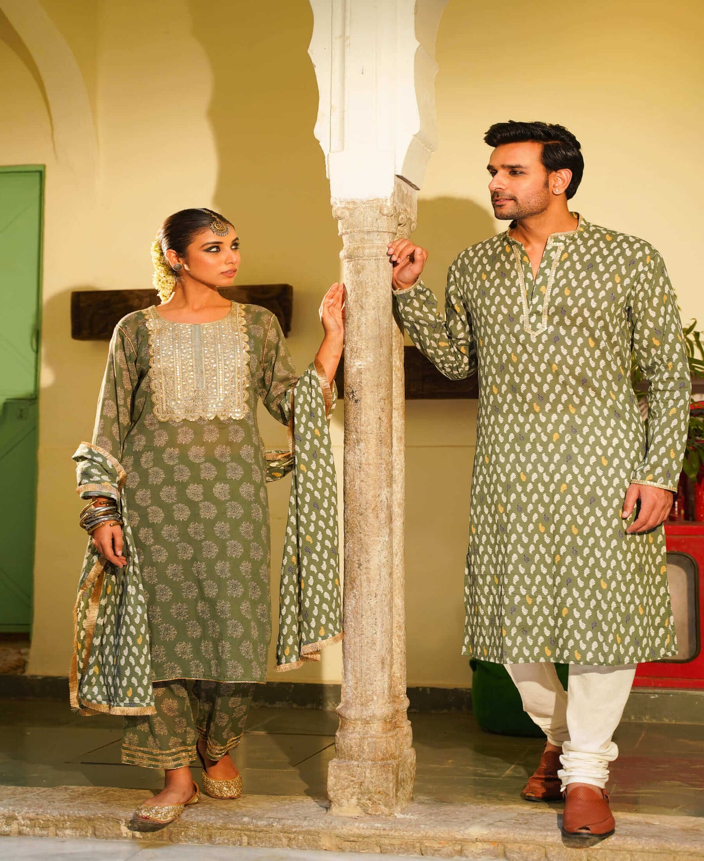 GREEN COTTON MEN KURTA & WOMEN SUIT SET