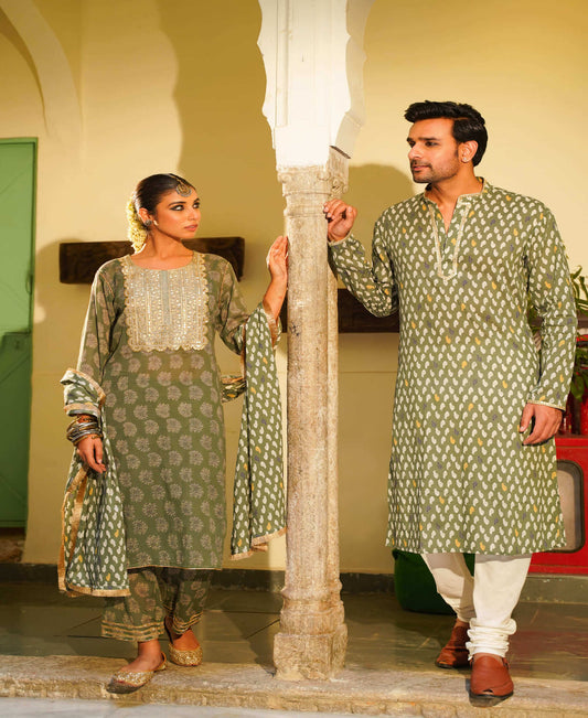 GREEN COTTON MEN KURTA & WOMEN SUIT SET