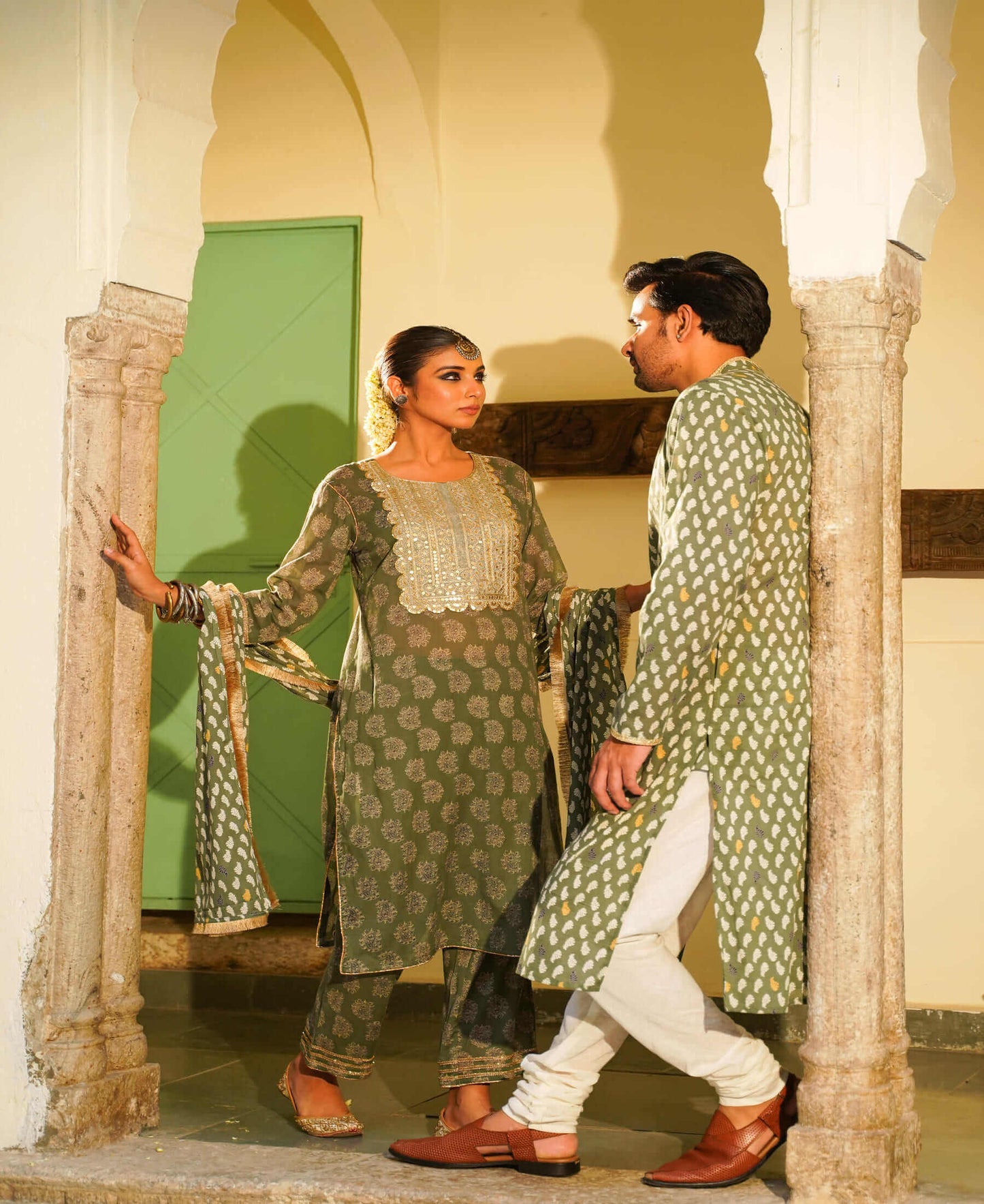 GREEN COTTON MEN KURTA & WOMEN SUIT SET