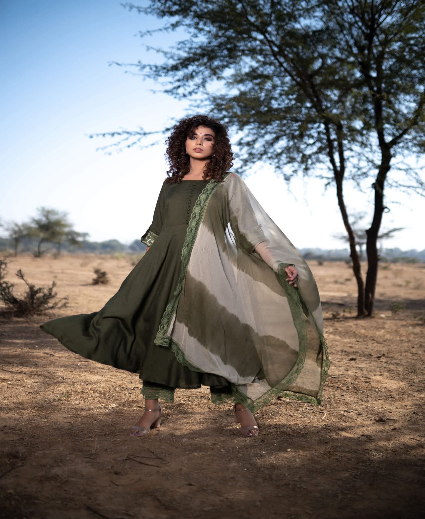 GREEN COTTON SUIT WITH SHADED DUPATTA