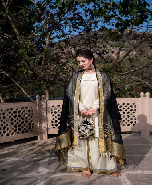 BLACK WHITE GOTAPATTI KURTA GHARARA SET