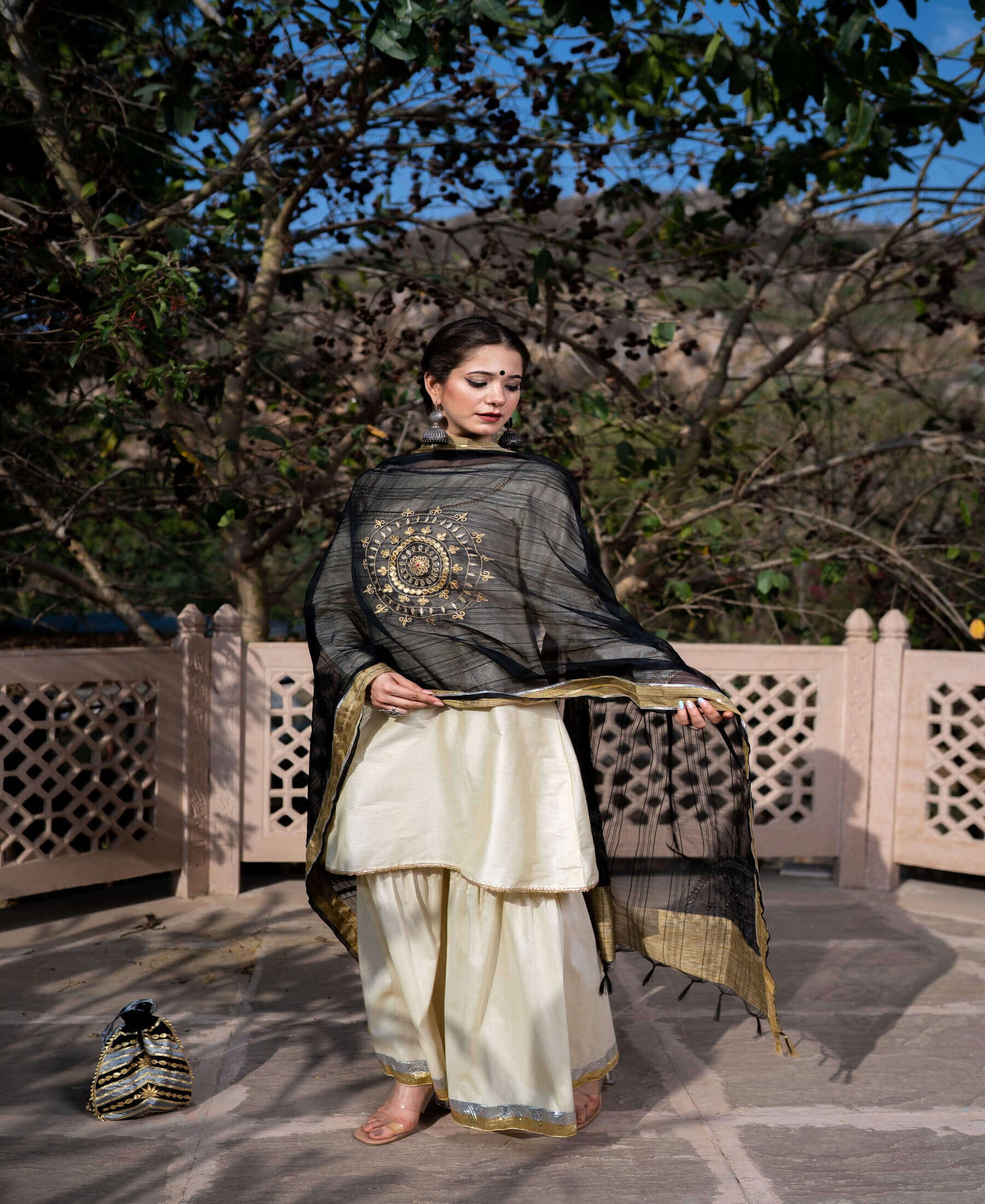 BLACK WHITE GOTAPATTI KURTA GHARARA SET