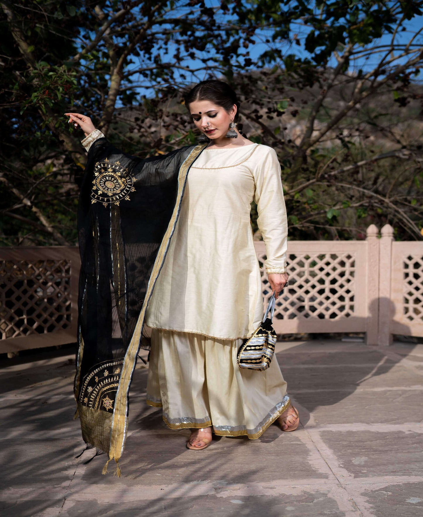 BLACK WHITE GOTAPATTI KURTA GHARARA SET
