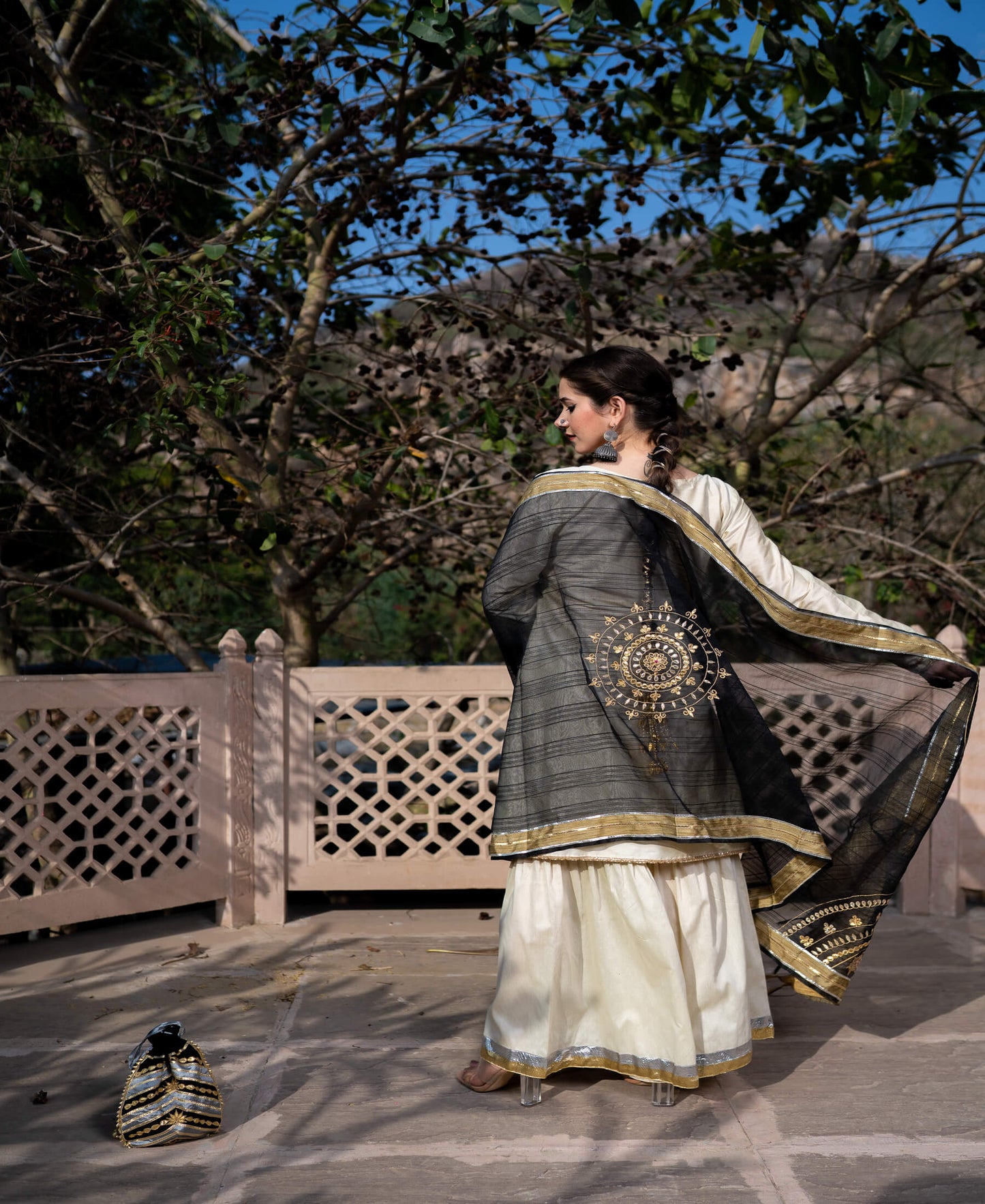 BLACK WHITE GOTAPATTI KURTA GHARARA SET