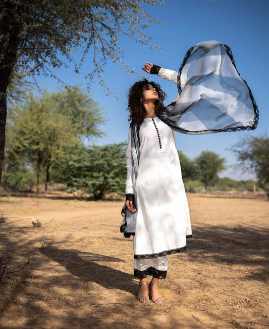 BLACK & WHITE COTTON SUIT WITH SHADED DUPATTA