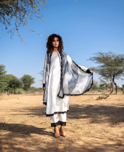 BLACK & WHITE COTTON SUIT WITH SHADED DUPATTA