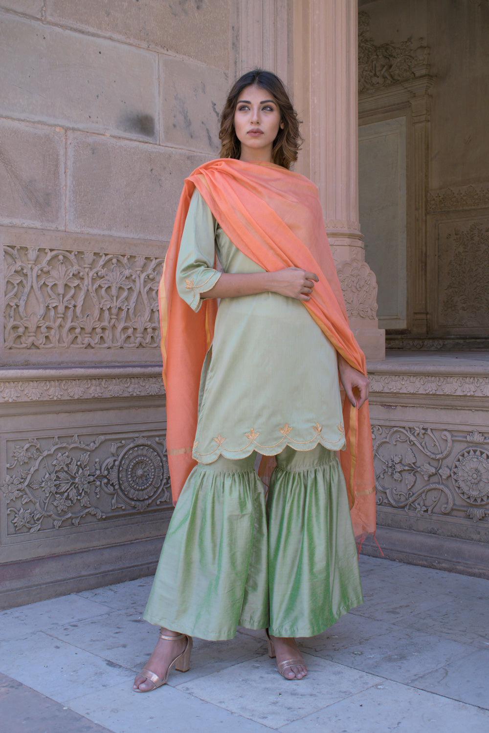 OLIVE GHARARA CUTWORK SET