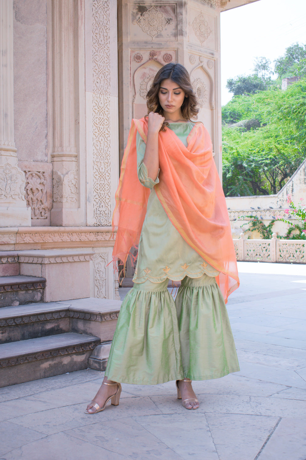 OLIVE GHARARA CUTWORK SET