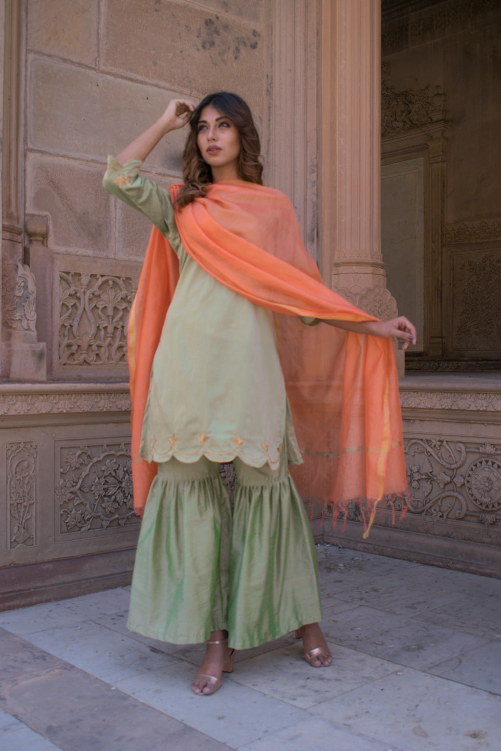 OLIVE GHARARA CUTWORK SET