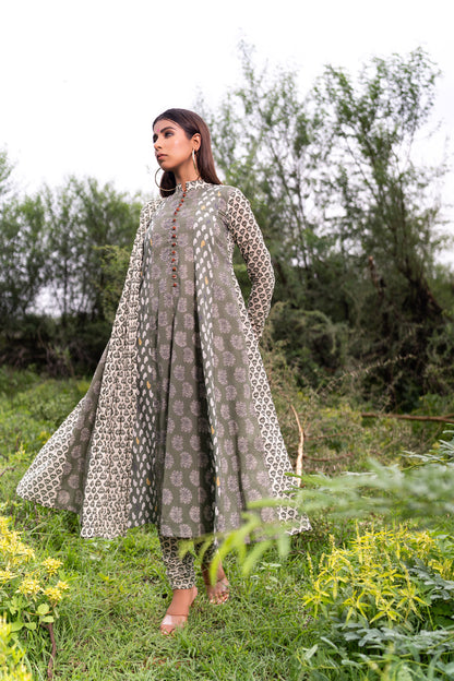 OLIVE MULTIPRINT ANARKALI SET