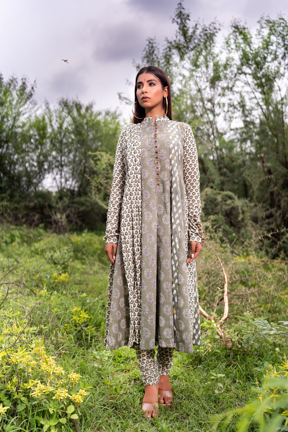 OLIVE MULTIPRINT ANARKALI SET