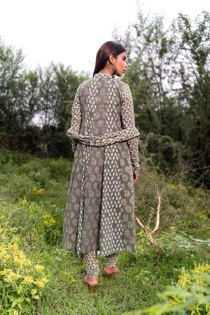 OLIVE MULTIPRINT ANARKALI SET