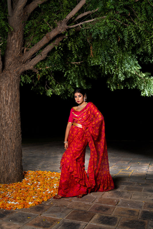 PINK FLORAL RUFFLE SAREE
