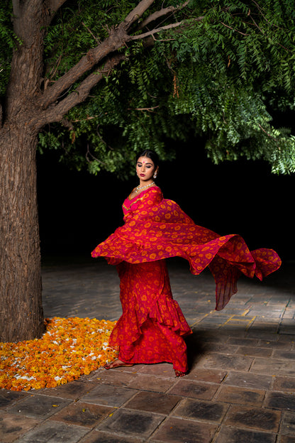 PINK FLORAL RUFFLE SAREE