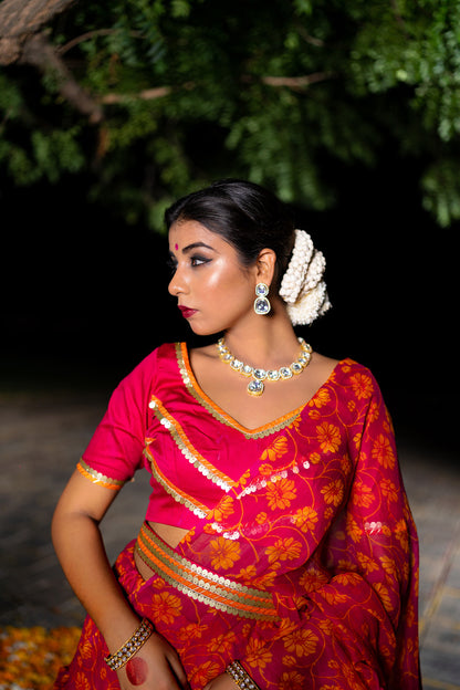 PINK FLORAL RUFFLE SAREE