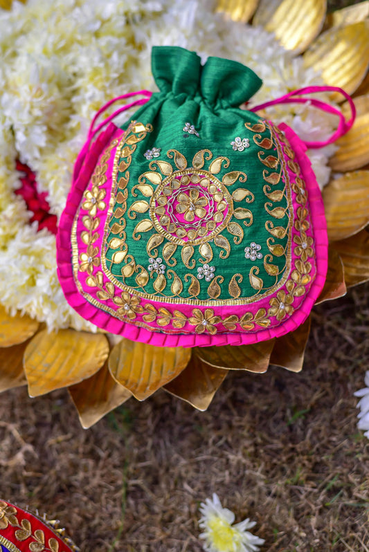 PINK GREEN GOTA POTHLI BAG