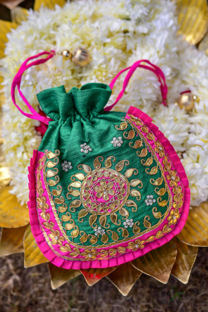 PINK GREEN GOTA POTHLI BAG