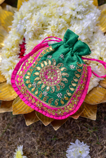 PINK GREEN GOTA POTHLI BAG