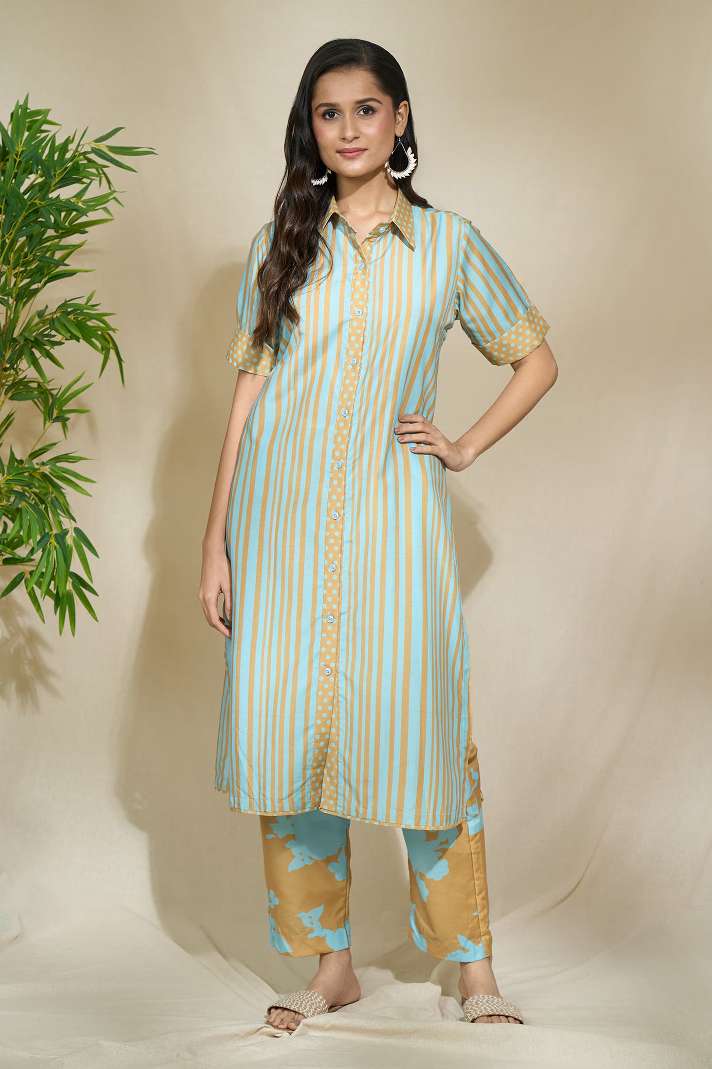 MUSTARD TRI PRINT LONG SHIRT SET