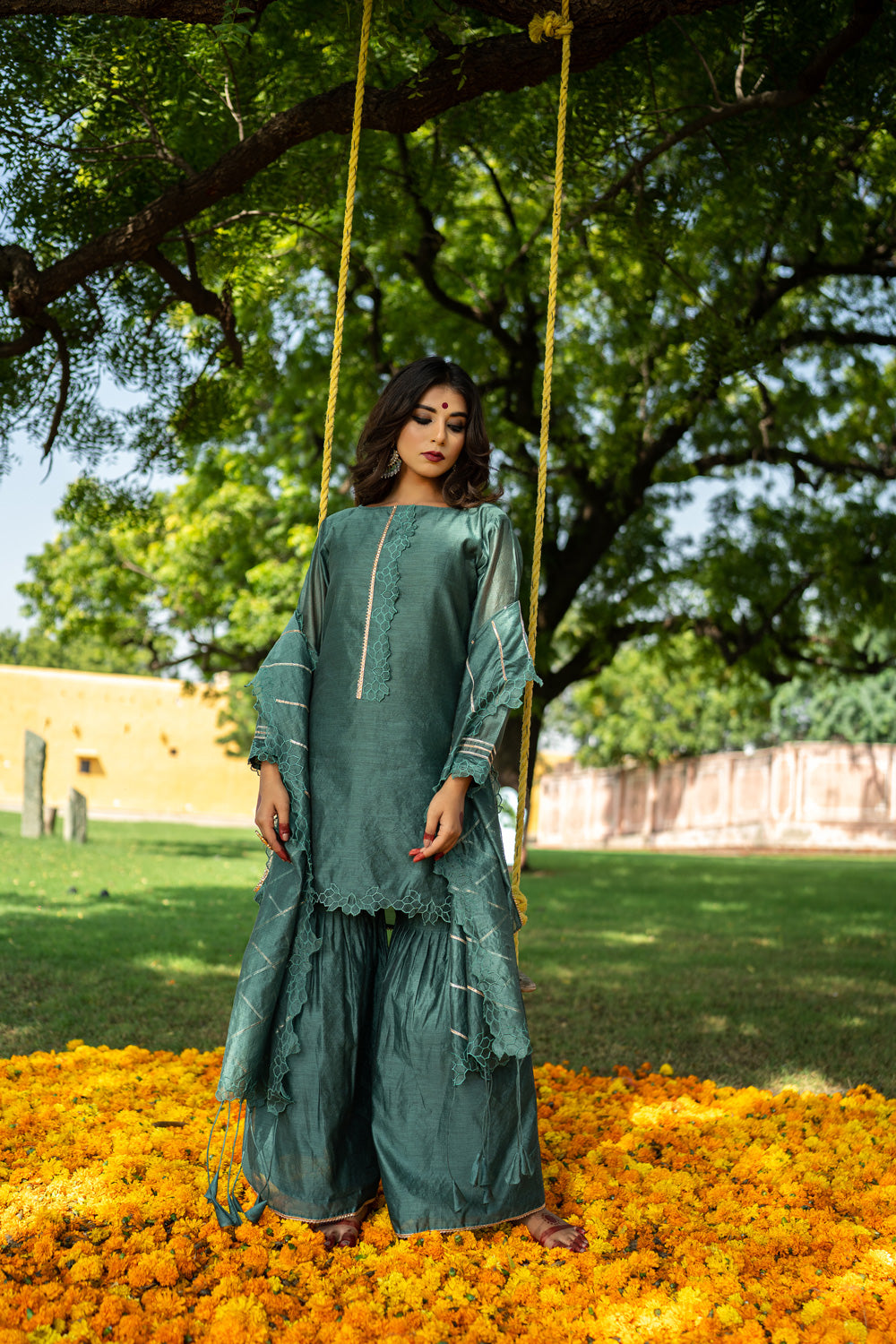 TEAL CUTWORK GHARARA SET