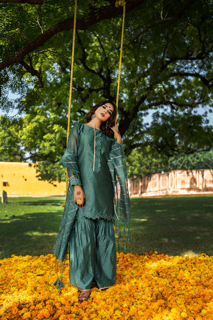 TEAL CUTWORK GHARARA SET