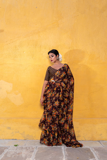 VINTAGE BROWN RUFFLE SAREE