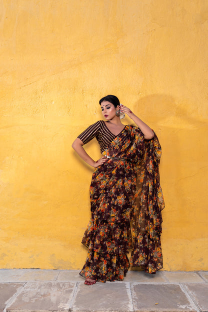 VINTAGE BROWN RUFFLE SAREE