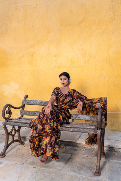 VINTAGE BROWN RUFFLE SAREE