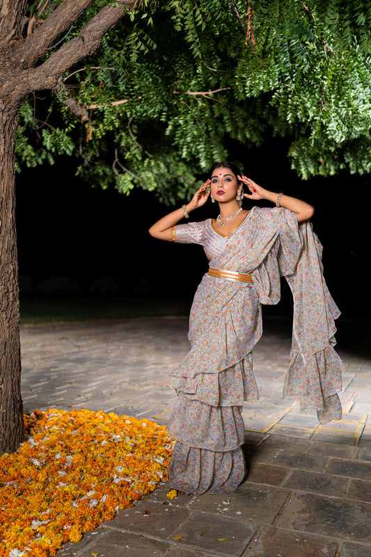 VINTAGE GREY RUFFLE SAREE